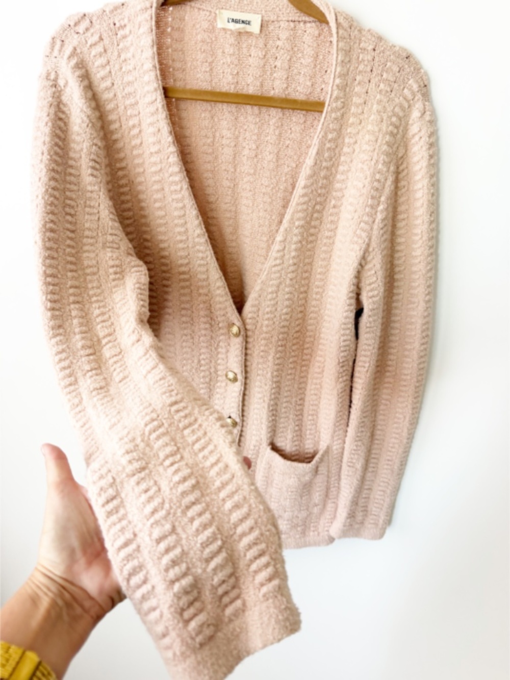 L'AGENCE Sue Textured Knit Longline Cardigan Pink Petal Gold Button M - Picture 8 of 9